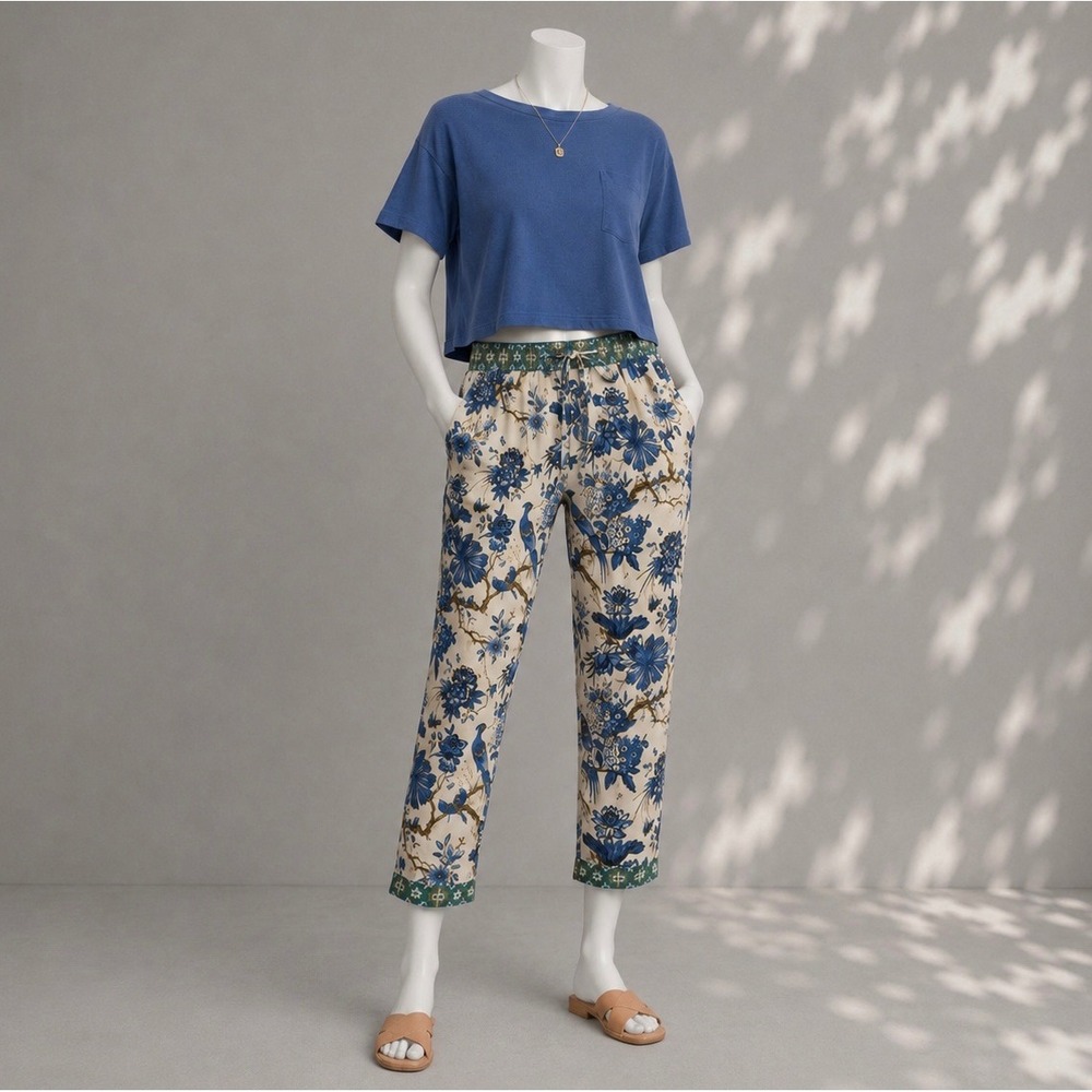 Sundance Leia Pants M Blue Floral Bird Cropped Cotton Boho Resort Capri - Picture 2 of 7